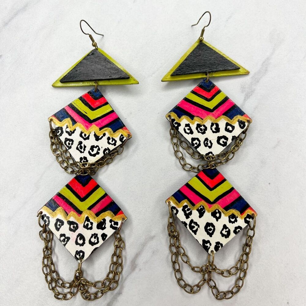 Chunky Painted Wood Dangle Statement Earrings Pierced Pair
